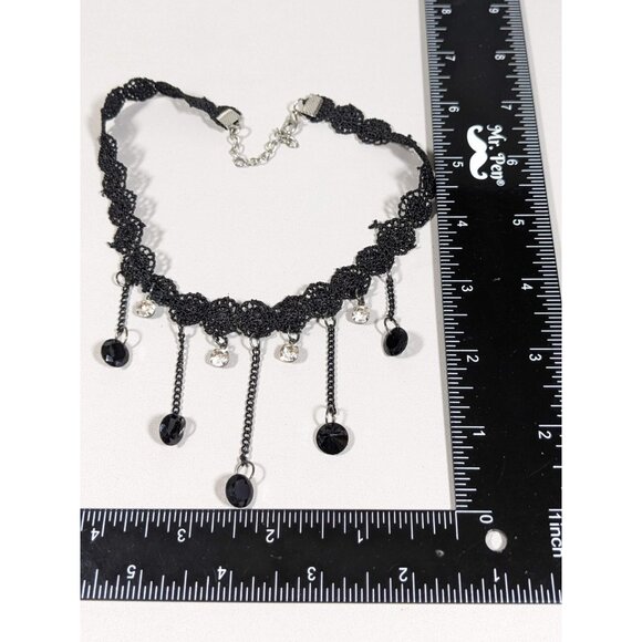 Silver Tone Black Crochet Crystal Charm Choker Necklace 16 in Gothic Retro - Picture 8 of 8